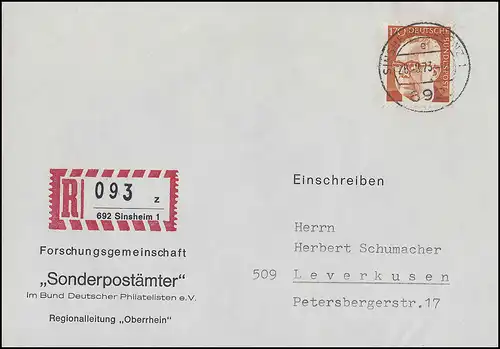 731 Heinemann 170 Pf als EF auf Schmuck-R-Brief Sonderpostämter SINSHEIM 28.9.73