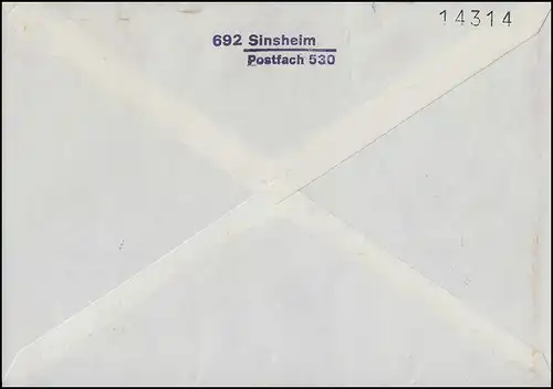 731 Heinemann 170 Pf en tant qu'EF sur la lettre de bijoux R des bureaux de poste spéciaux SINSHEIM 28.9.73