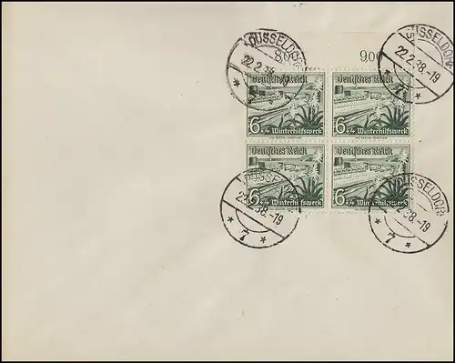 654 WHW 6 Pf navire KdF en tant que bloc de quatre OR sur enveloppe DÜSSELDORF 7 - 22.2.1938