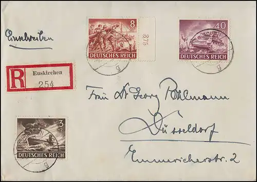 831+835+841 Wehrmacht 3+ 8+40 Pf sur lettre R EUSKIRCHEN 8.5.43 à Düsseldorf
