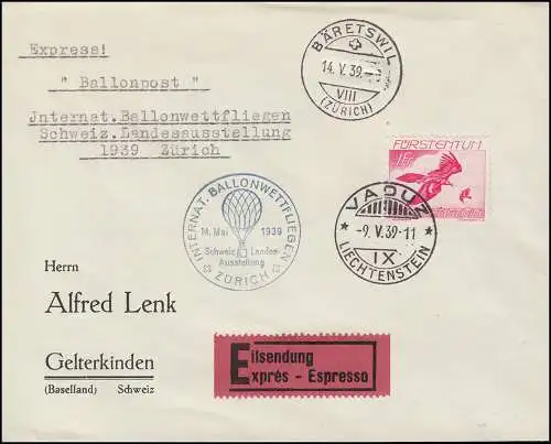 Liechtenstein Ballonwettfliegen Zürich 14.5.39 Eil-Bf. EF 178 Vögel VADUZ 9.5.39