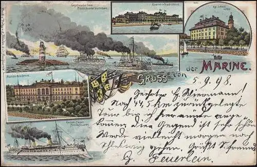 AK Gruss von der Marine mit 5 Abbildungen, KIEL 5.9.1898 nach NÜRNBERG 7.9.98