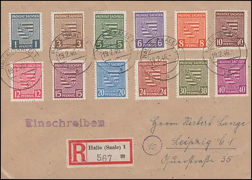 73-84 Armoiries provinciales complètes sur lettre R HALLE/SAALE 19.2.46 vers Leipzig 22.2.