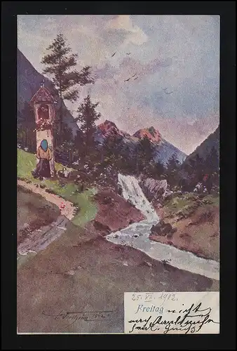 B.K.W. Nr. 1738-5 "Freitag" signiert, Das Gebet am Marterl, Offenburg 25.7.1902