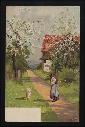 Frühling Blühende Bäume Frauen betrachten Lamm sign Mailick, Plagwitz 11.4.02