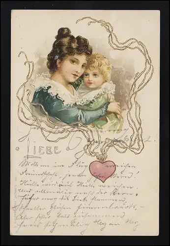 "Liebe" Mutter hält ihr blondgelocktes Kind, Herz Medaillon Remscheid, 7.10.1901