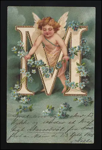 Engel hält Vergissmeinnnicht über ein "M", Frankfurt/ Kopenhagen 22 + 23.9.1905