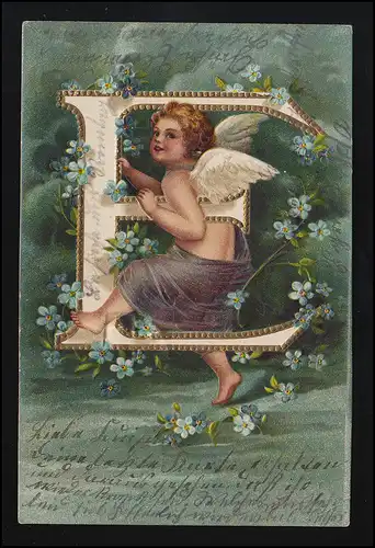 Engel sitzt im Buchstaben "E" mit Vergissmeinnicht, Wilhelmshaven 24.5.1905