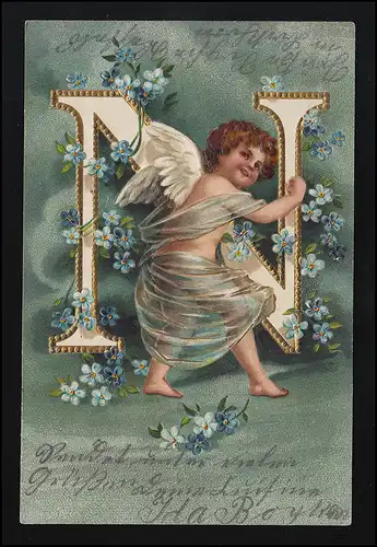 Engel hält den Buchstaben "N", umrankt Vergissmeinnicht, Wilhelmshaven 25.5.1905