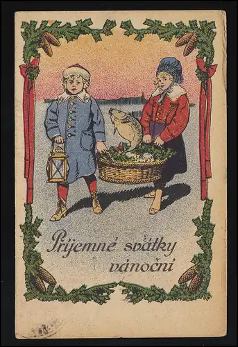 Kinder Tracht tragen Korb mit Fischen Tschechien, F.J.P. 655,  gelaufen 25.12.20