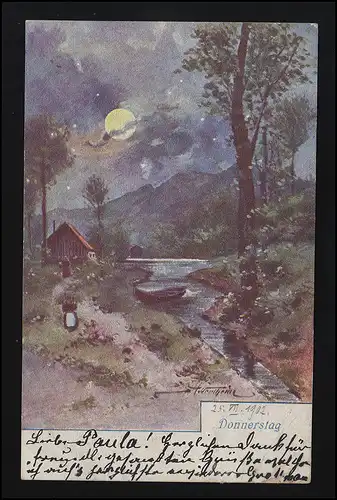 B.K.W. No. 1738-4 "jeudi" signé, Nuit de la Lune sur la rivière, Offenburg 24.7.1902