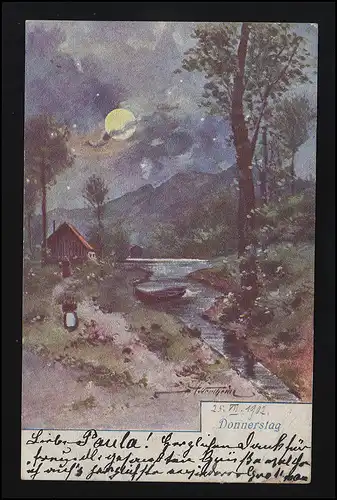B.K.W. Nr. 1738-4 "Donnerstag" signiert, Mondnacht am Fluss, Offenburg 24.7.1902