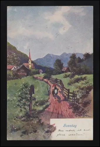 B.K.W. Nr. 1738-7 "Sonntag" signiert, Gang zur Kirche ins Dorf, Leipzig 8.5.1916