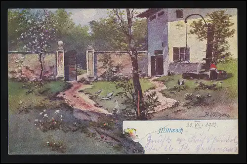 B.K.W. No. 1738-3 "Mercredi" signé, Fontaine devant la porte, Offenburg 30.7.1902