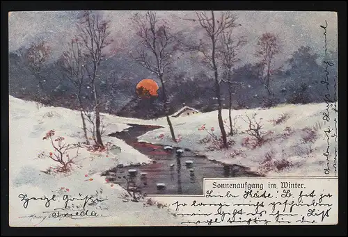 Sonnenaufgang im Winter signiert Künstler,  R.F.W. Ser. 11/5 Berlin 20.3.1903