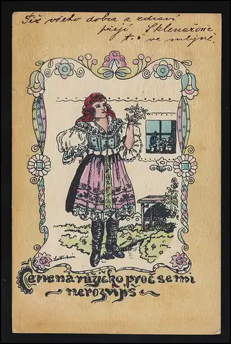 Artiste AK Tiskl Melantrich Praha rousse dame costumes colorés couru vers 1910