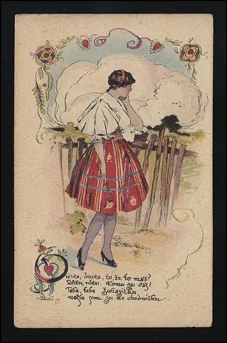 Tschechische Verse, Frau vor Zaun, sign. O.Preicka,  J.B.P. 256, ungebraucht