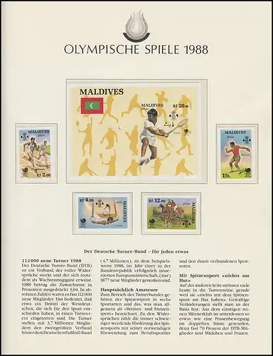 Olympische Spiele 1988 Seoul - Malediven Block Tennis + Satz ungezähnt **