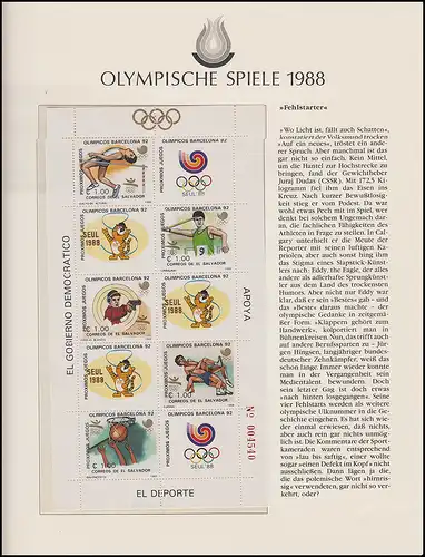 Olympische Spiele 1988 Seoul - El Salvador Block Motive Sport  ** postfrisch