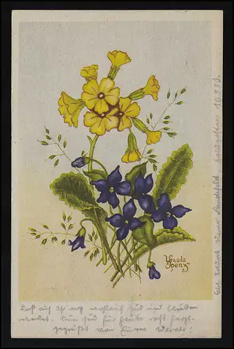 Aurikel und Veilchen signiert Ursula Spenz 1941, RFH, MGH, Feldpost 19.8.192