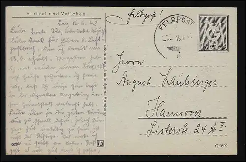 Aurikel und Veilchen signiert Ursula Spenz 1941, RFH, MGH, Feldpost 19.8.192