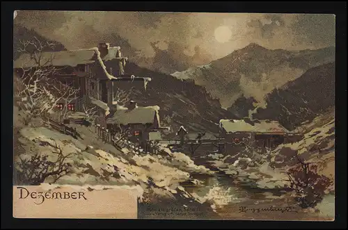 Monatsgrüße II Dezember Berg Bauernhof Schnee Guggenberger M.Seeger beschriftet