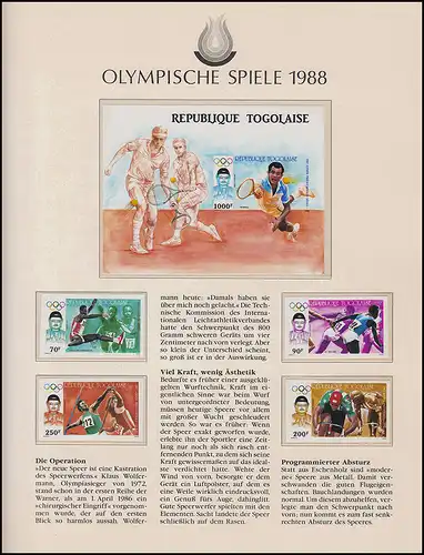 Jeux olympiques 1988 Séoul - Togo Block + timbres ensemble non-denté ** frais de port