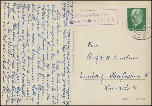 Landpost-Stempel Meuselbach-Schwarzmühle (Thür.) A, SAALFELD (SAALE) 2.10.62  