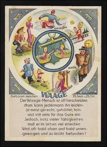 Sternzeichen Waage signiert Künstler, Nr. 1278, A. Lengauer, Stralsund 7.7.37