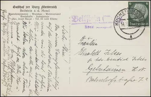 Landpost-Stempel Beilstein (Mosel) über KOCHEM (MOSEL), passende AK Beilstein