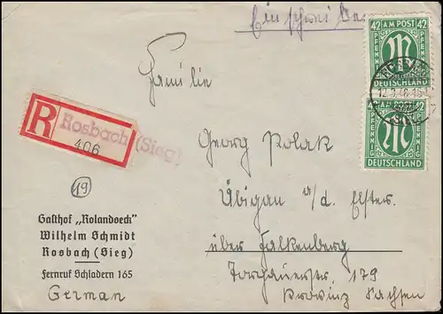 31 AM-Post 42 Pf. als MeF auf R-Brief Not-R-Zettel ROSBACH (SIEG) 12.3.1946
