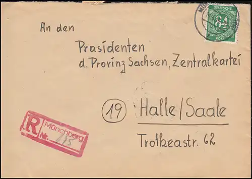 936 Ziffer 84 Pf. als EF auf R-Brief Not-R-Stempel MÜNCHBERG (OBERFR) 14.6.1946