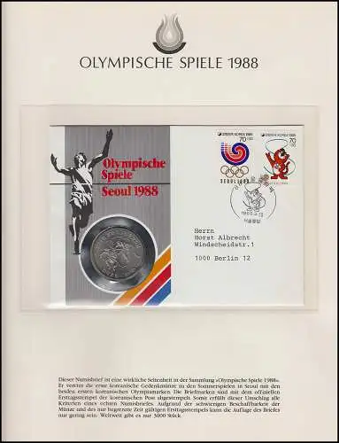 Olympische Spiele 1988 Seoul - Südkorea Numisbrief Seoul 20.3.1985