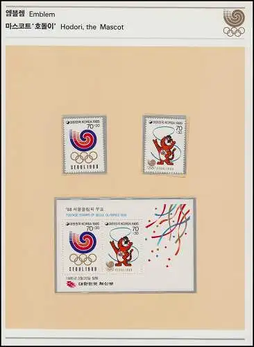 Jeux olympiques 1988 Séoul - La Corée du Sud Dossier n° 1, 4 x bloc & 4 phrases **