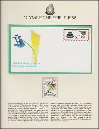 Olympische Spiele 1988 Seoul - Set: China 1 Ganzsache + San Marino 1 Marke,  **
