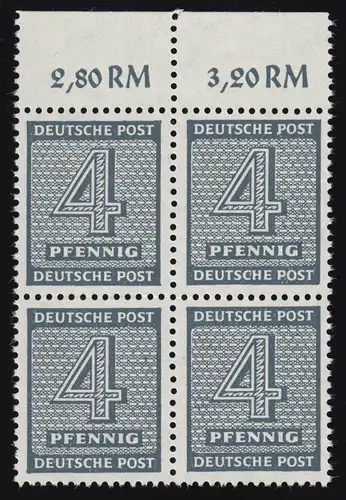 127 Ziffer 4 Pf. OR-Viererblock mit PLF I Haken am oberen P in POST, Feld 8, **