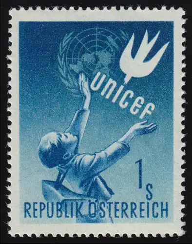 933 Kinderhilfswerk UNICEF , Schulkind, Friedenstaube UNO Emblem, 1 S, **