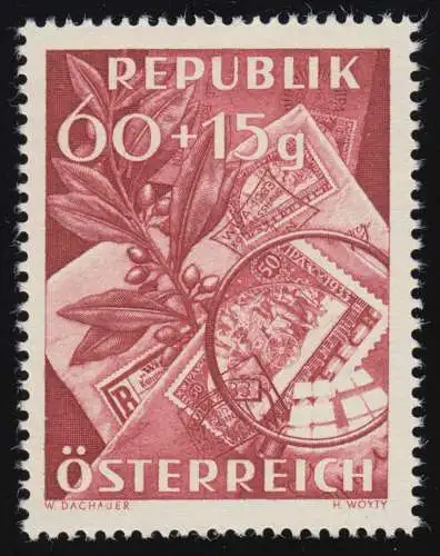 946 Tag der Briefmarke, Lupe, Briefumschläge, Marke, Lorbeer 60 g + 15 g, **