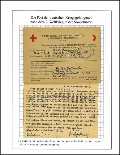 Poste de prisonniers de guerre Carte de réponse au camp 323/19 Tula URSS, Vienne 8.11.46