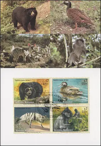 MK 67 de l'ONU Vienne 327-330 Espèces menacées Faune 2001, carte officielle maximale