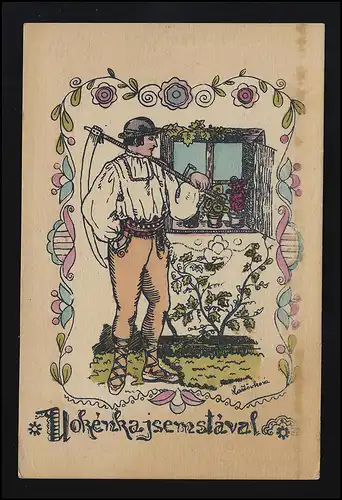Junger Mann Tracht Sense, Fenster, Wein-Ranke, signiert Künstler, 2.1.1910