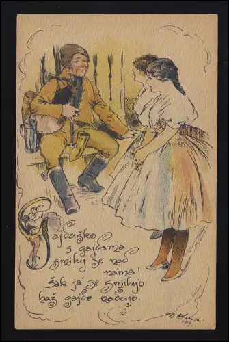 Les jeunes femmes en conversation avec l'homme, signé artiste Slovaquie 1919, inutilisé