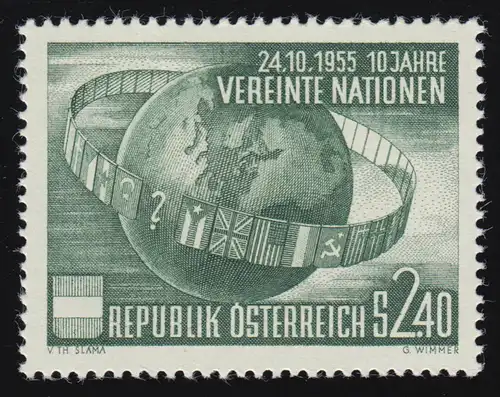 1022 10 ans de l'ONU, globe mondial et drapeaux des États membres, 2.40 p **