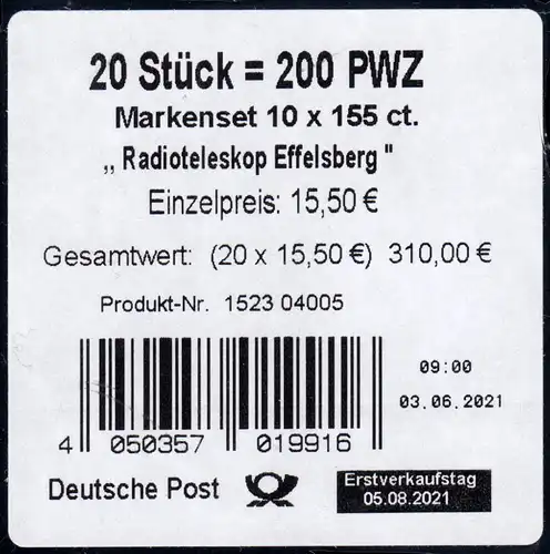 123 MH Radiotélescope Effsberg, Banderole pour 20 jeux de marques