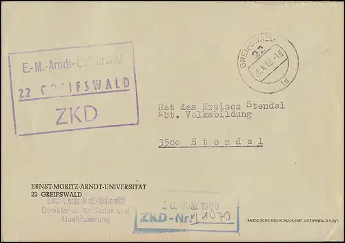 Lettre du ZKD à l'Université Ernst-Moritz-Arndt GREIFSWALD 26.6.69 selon STENDAL 30.6.69