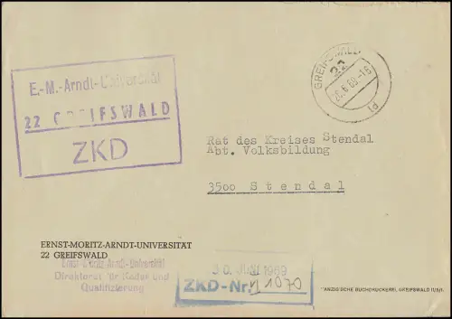Lettre du ZKD à l'Université Ernst-Moritz-Arndt GREIFSWALD 26.6.69 selon STENDAL 30.6.69