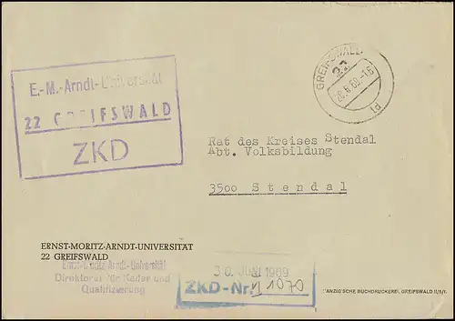 ZKD-Brief Ernst-Moritz-Arndt-Universität GREIFSWALD 26.6.69 nach STENDAL 30.6.69