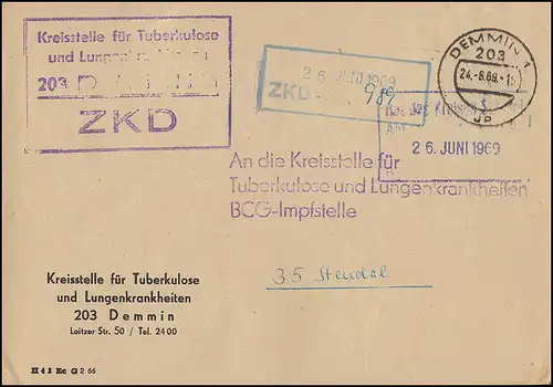 ZKD-Brief Kreisstelle für Tuberkulose und Lugenkrankheiten DEMMIN 24.6.69