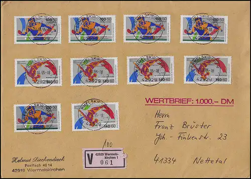 1408-1409 Sporthilfe 1989: MiF mit 5 Sätzen Wert-Brief WERMELSKIRCHEN 27.10.95