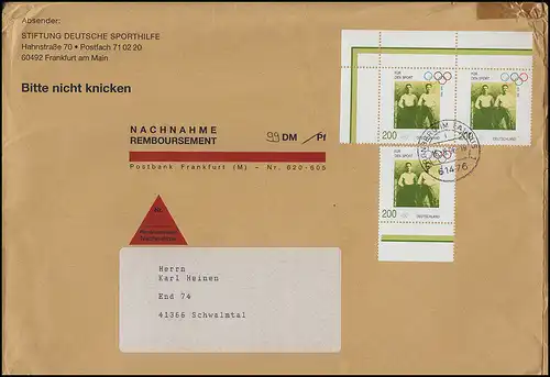 1864 Aide sportive Olympia 200 pfennig comme MeF sur la lettre NN WERMELKIRCHEN 21.8.96